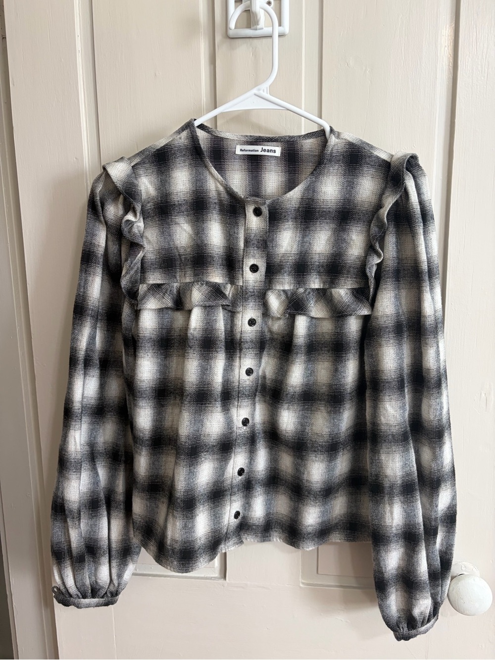 Reformation Plaid Ruffle Long Sleeve Blouse